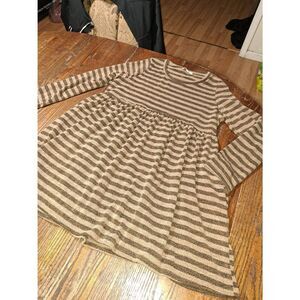 1X Lovely J Brown Striped Long Sleeve Round Neck Knit Mini Dress